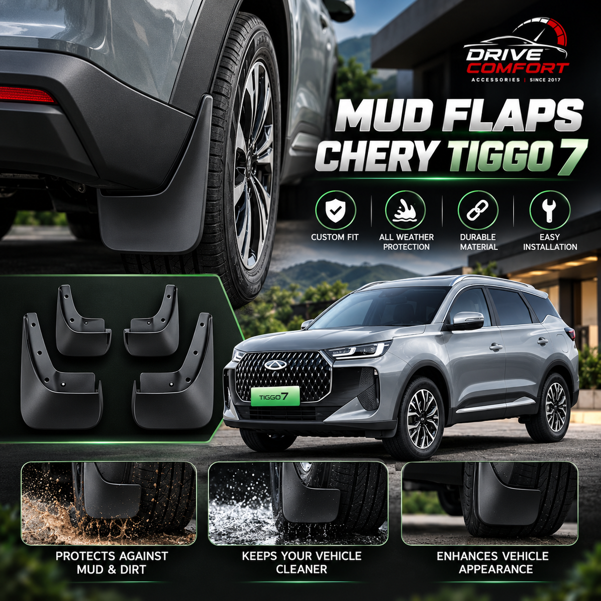 Chery Tiggo 7 PHEV Mud Flaps – Custom Fit Splash Guards