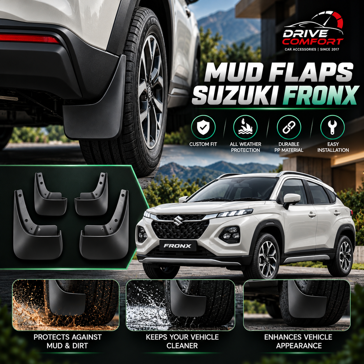 Suzuki Fronx Mud Flaps – Custom Fit, All Weather Protection | Durable PP Material | Easy Installation