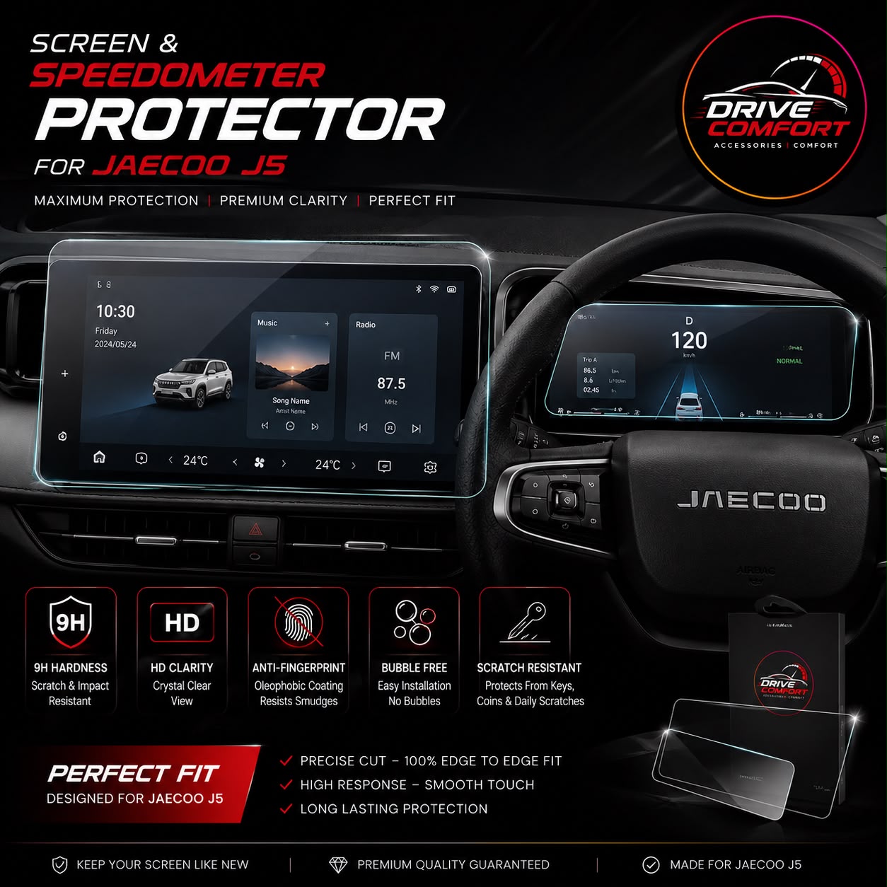 Jaecoo J5 Screen & Speedometer Protector – 9H Hardness, HD Clarity, Anti-Fingerprint | Perfect Fit Tempered Glass
