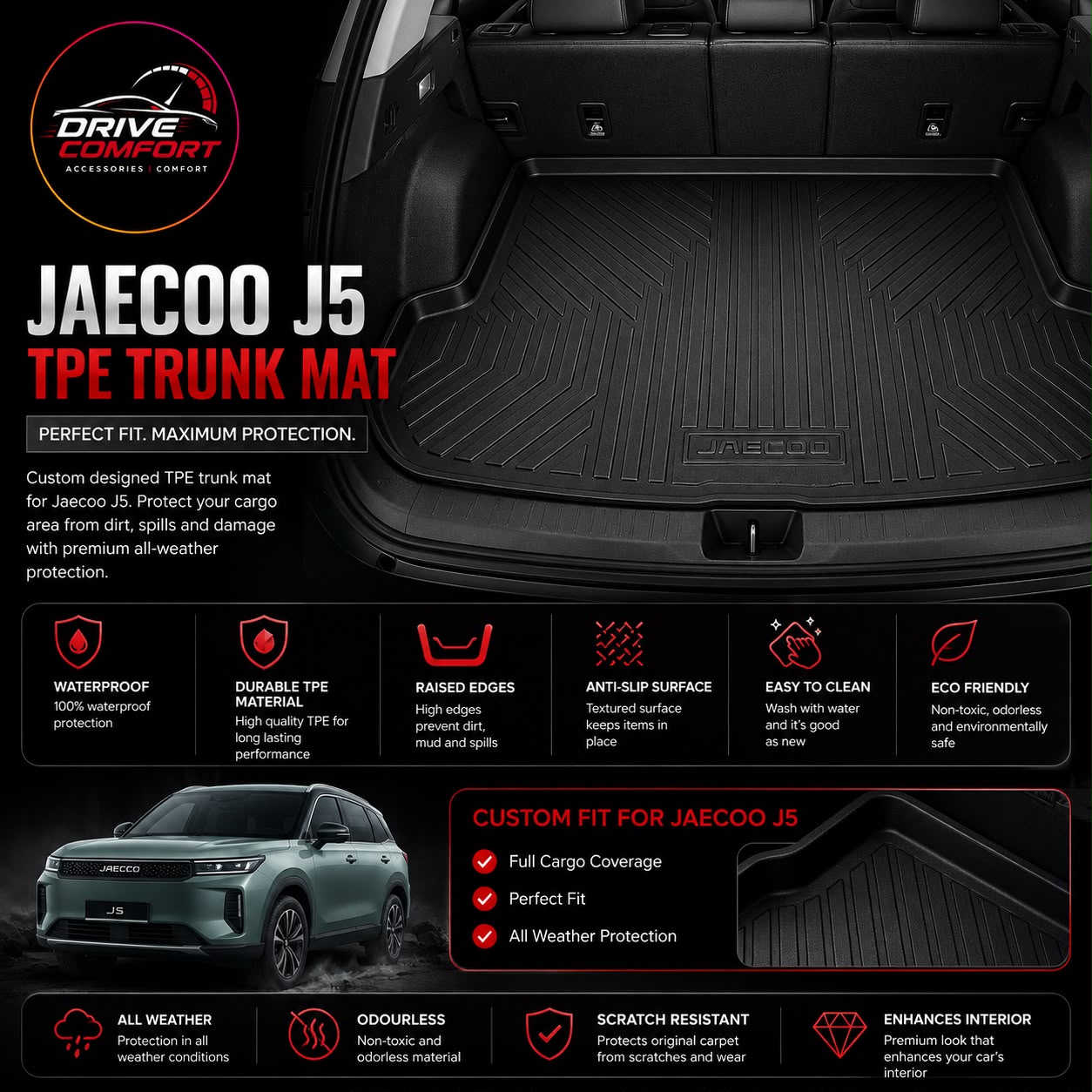 Jaecoo J5 TPE Trunk Mat – Waterproof, Anti-Slip, Raised Edges | Custom Fit Cargo Boot Mat with Full Coverage