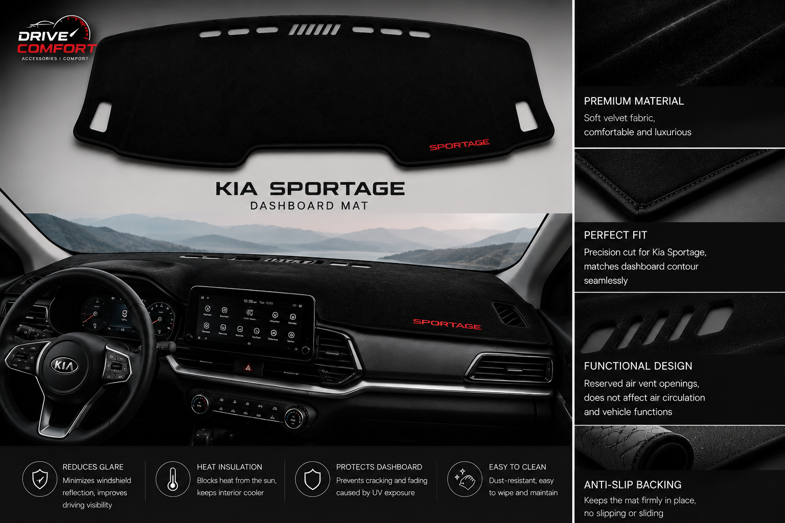 Kia Sportage Dashboard Mat Soft Velvet Fabric Sun Protection Cover
