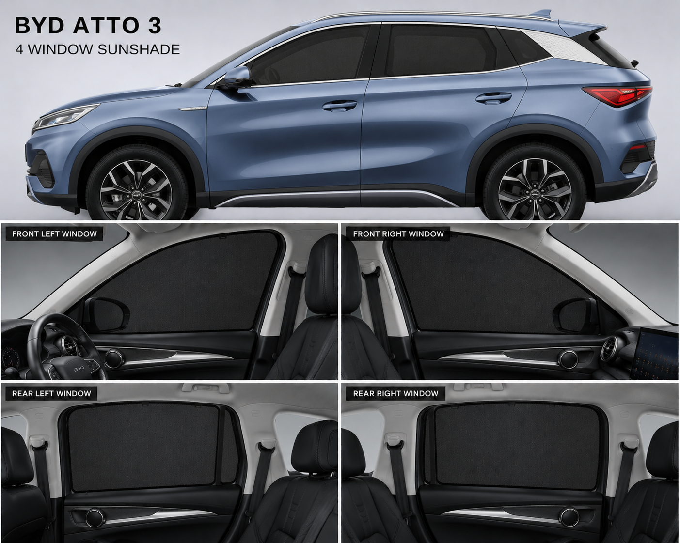 BYD Atto 3 Car Window Sun Shades Black 4 Piece UV Protection Set With Logo