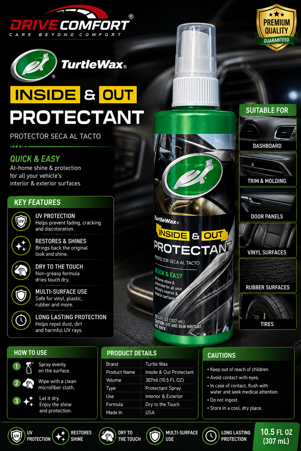 Turtle Wax Inside & Out Protectant 307ml – Dashboard, Trim & Tire Protectant