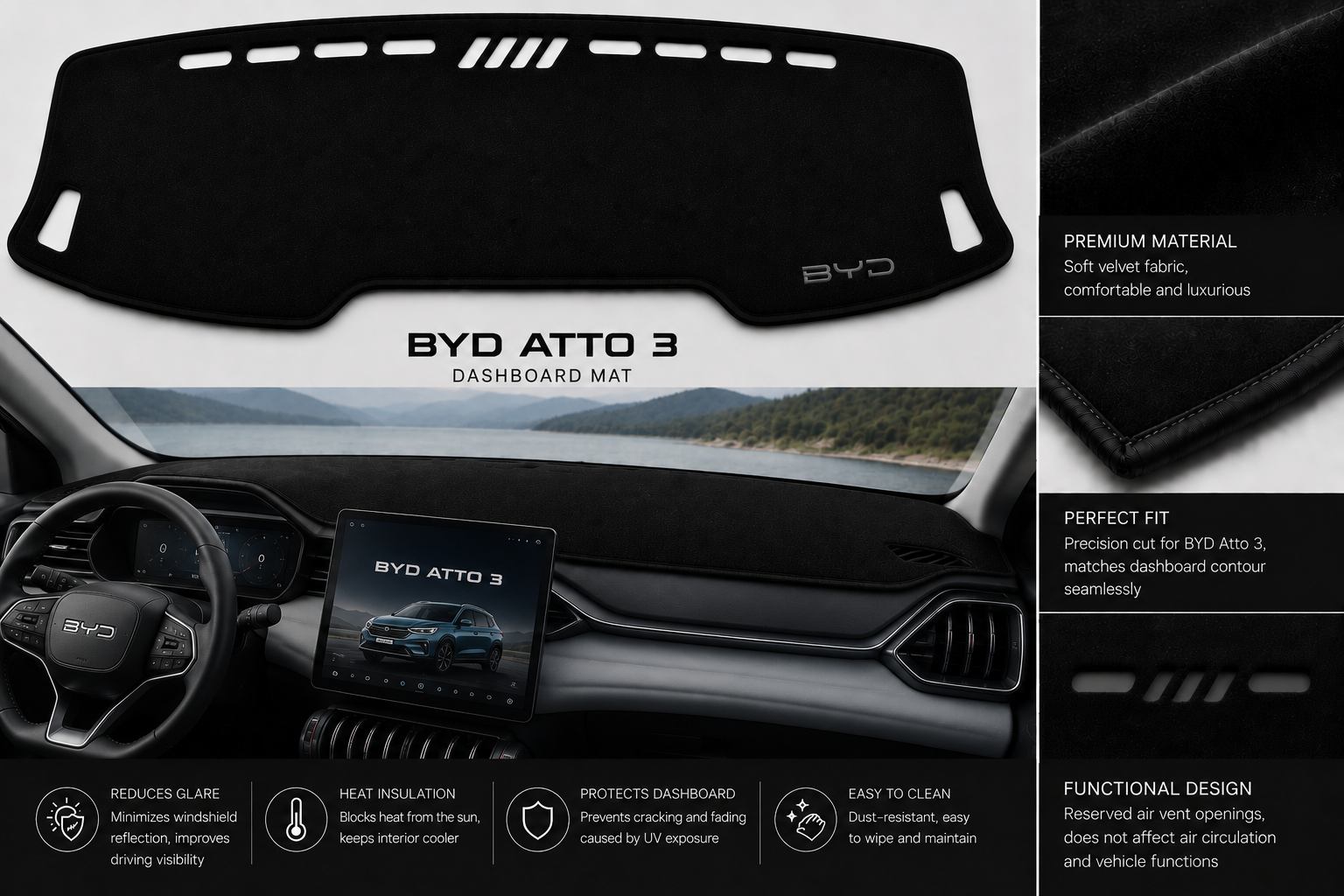 BYD Atto 3 Dashboard Mat Soft Velvet Fabric Sun Protection Cover