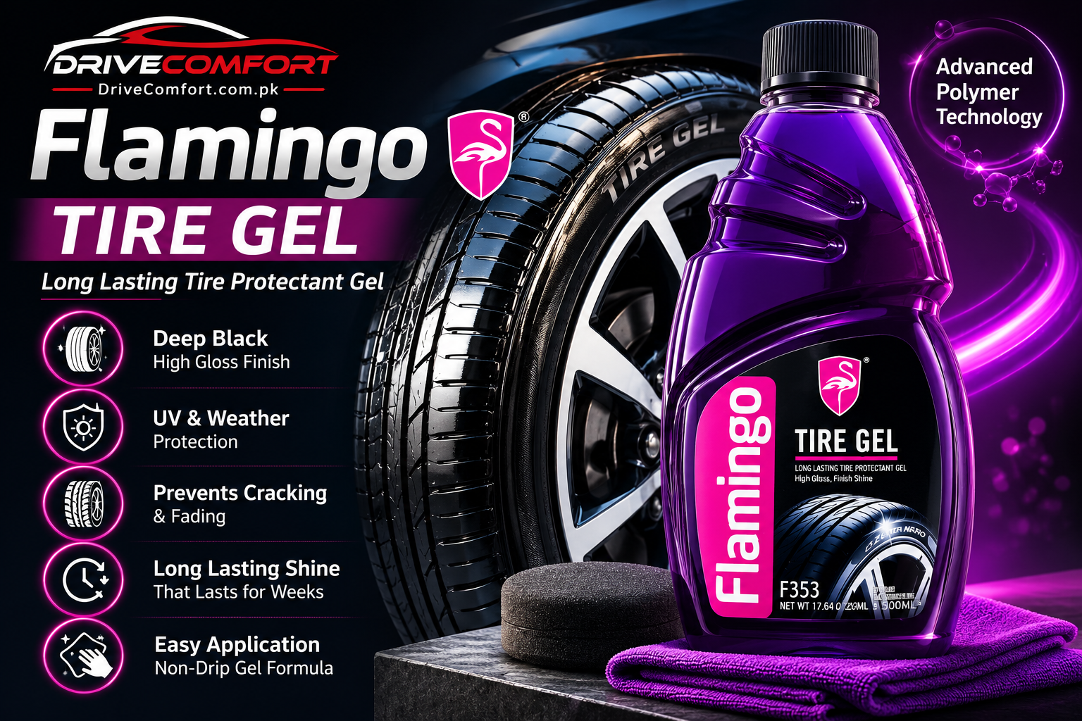 Flamingo Tire Gel F353 500ml – Long Lasting Tire Shine & Protection
