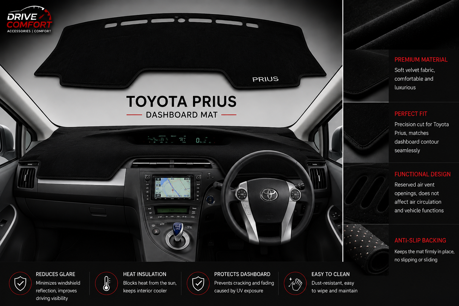 Toyota Prius Dashboard Mat Soft Velvet Fabric Sun Protection Cover