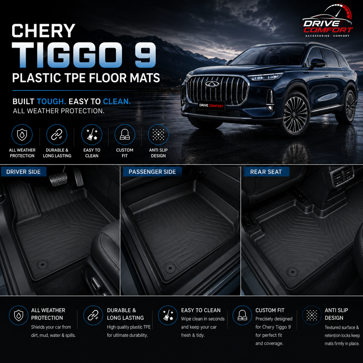 Chery Tiggo 9 Premium TPE Floor Mats Custom fit All Weather Car Mats