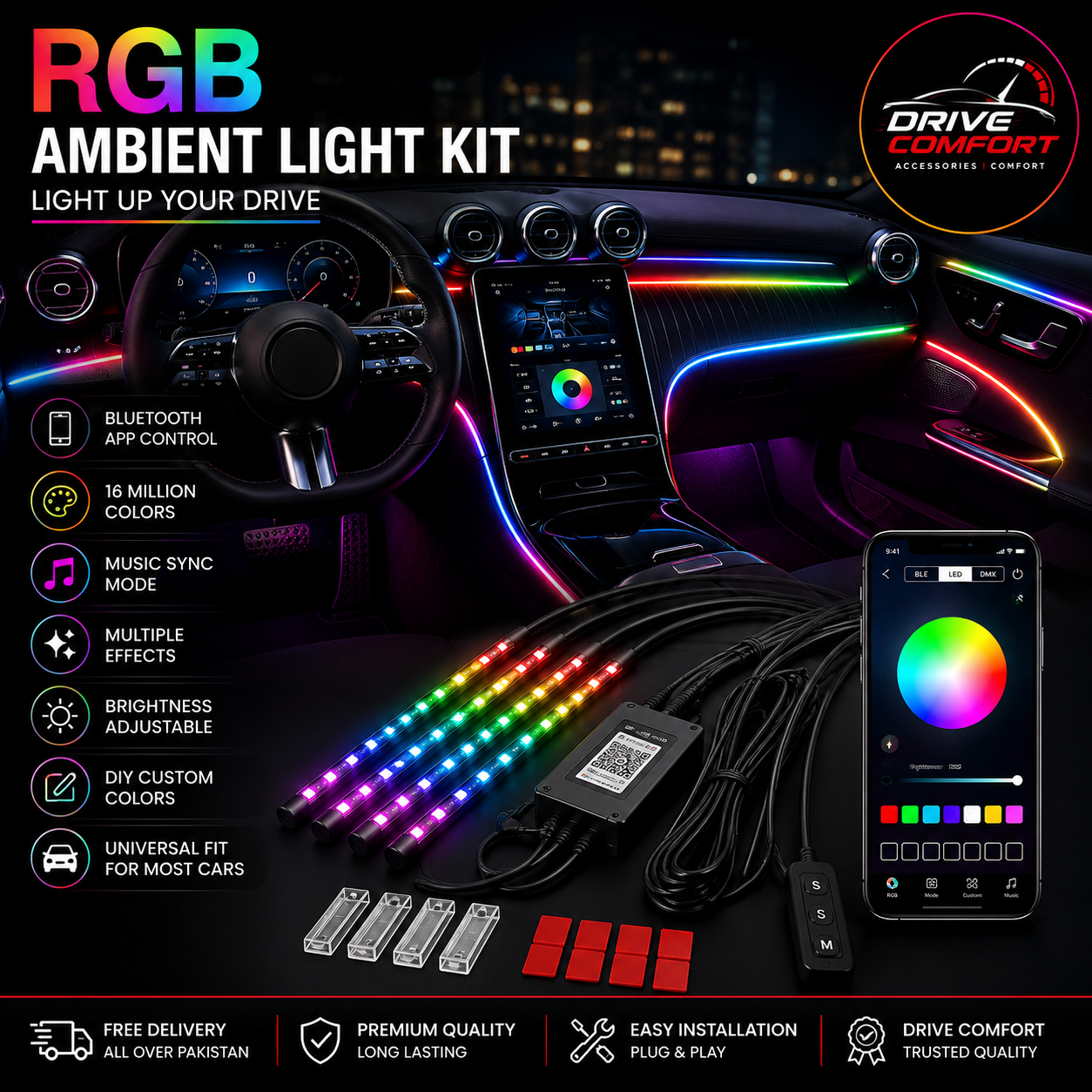 RGB Ambient Light Kit for Car – Bluetooth App Control | Music Sync | Multi Mode | Universal Fit All Cars