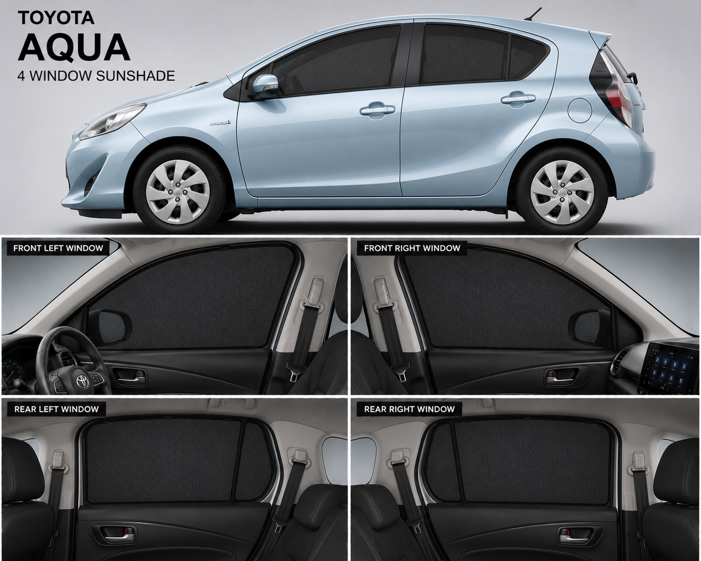 Toyota Aqua Car Window Sun Shades Black 4 Piece Set With Logo