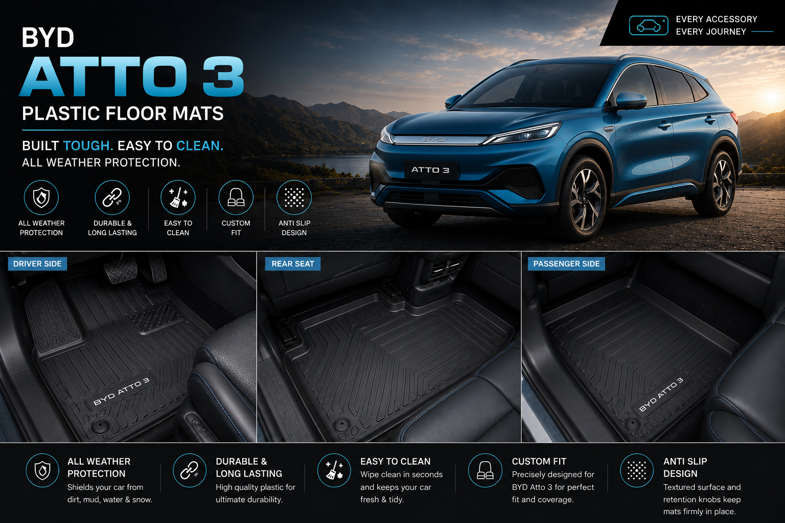 BYD Atto 3 Premium TPE Floor Mats Custom Fit All Weather Car Mats