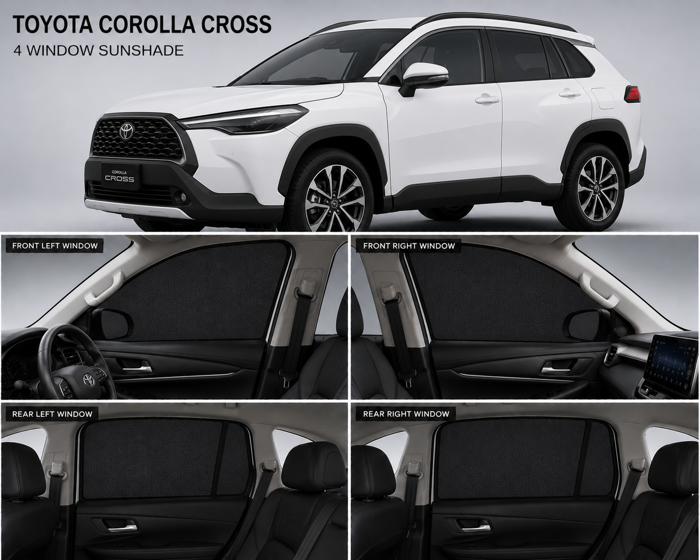 Toyota Corolla Cross Car Window Sun Shades Black 4 Piece UV Protection Set With Logo