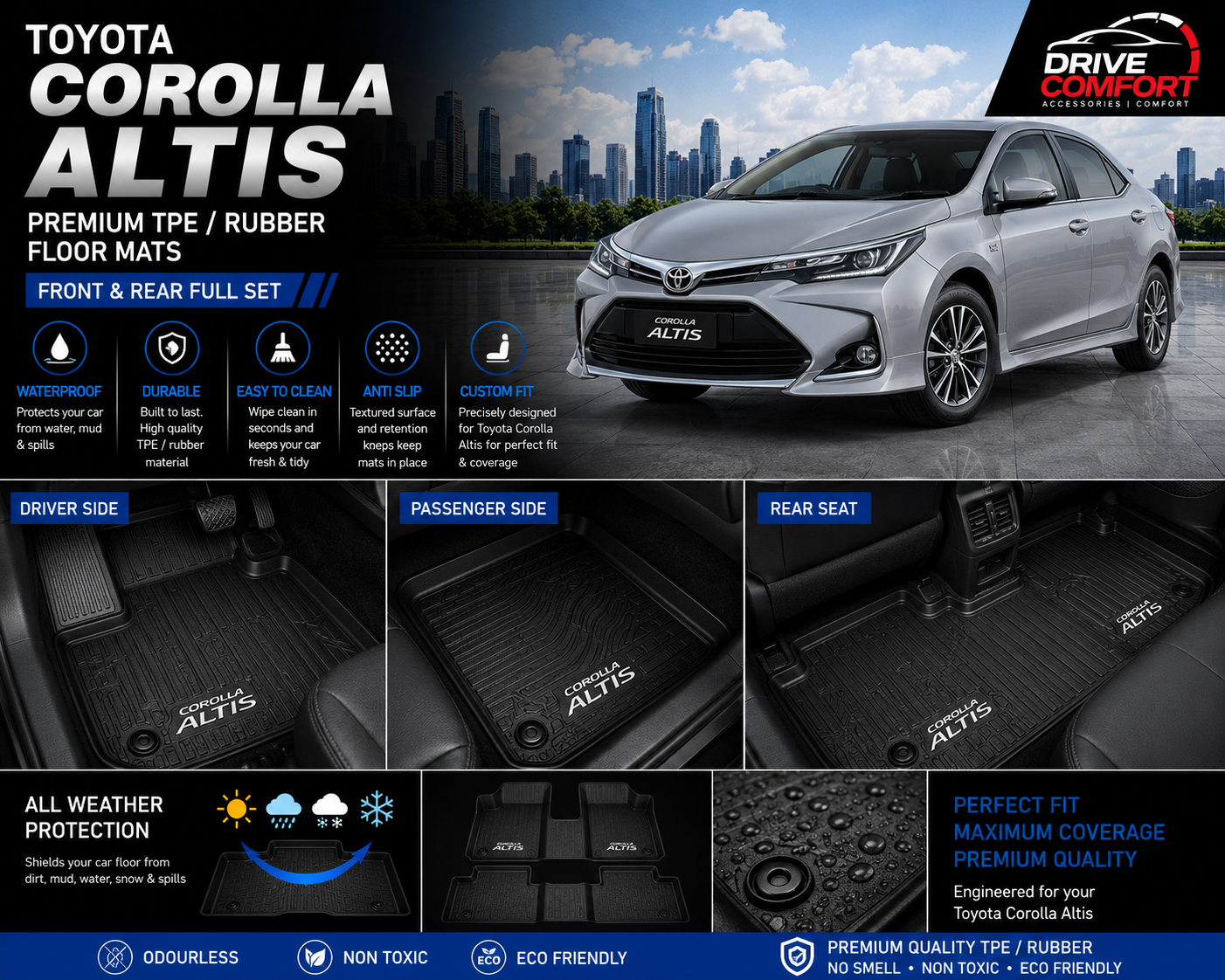 Toyota Corolla Premium TPE Floor Mats Custom Fit All Weather Car Mats