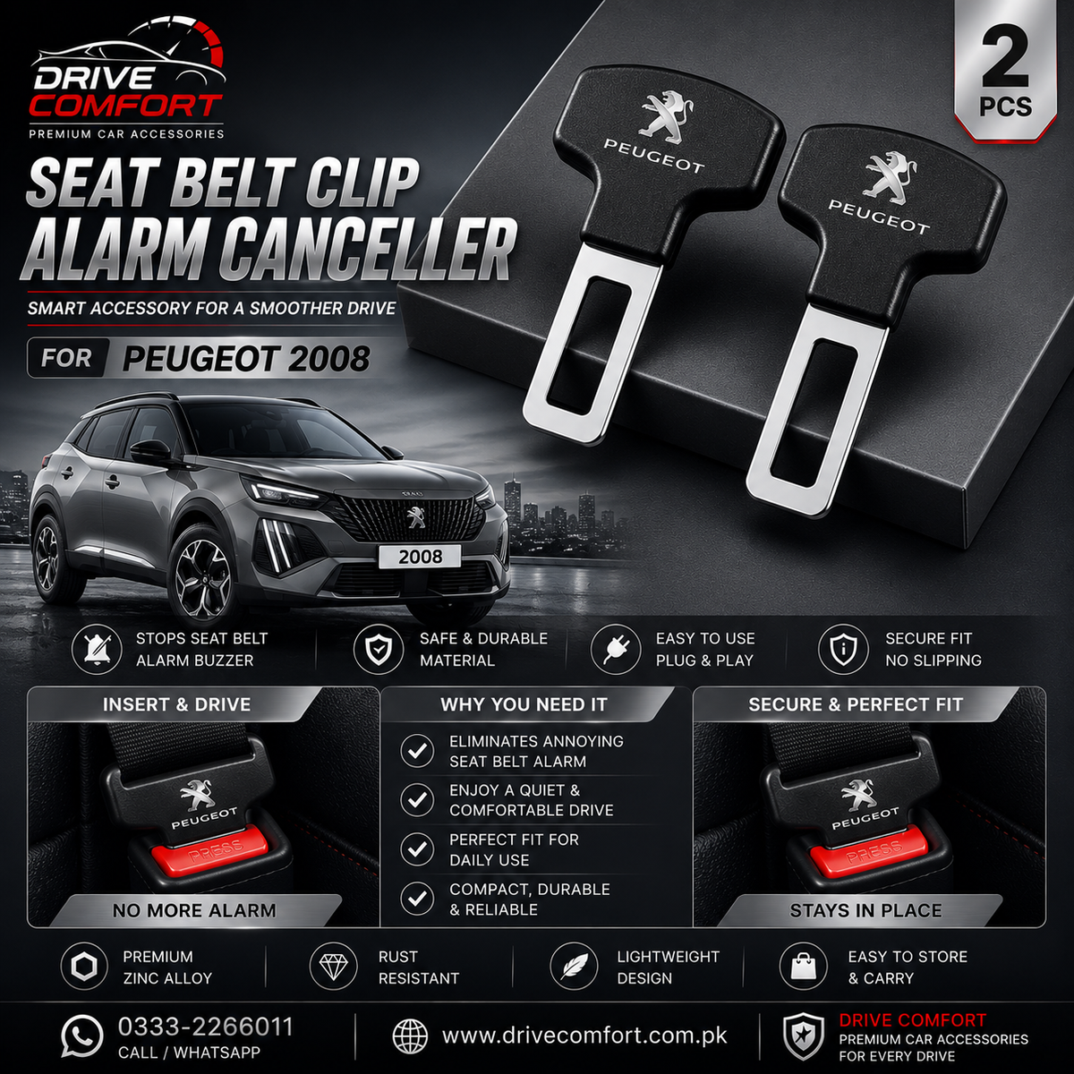 Peugeot 2008 Seat Belt Clip Alarm Canceller – Metallic 2 Pcs Set