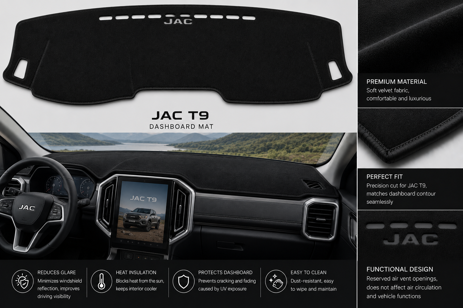 JAC T9 Dashboard Mat Soft Velvet Fabric Sun Protection Cover