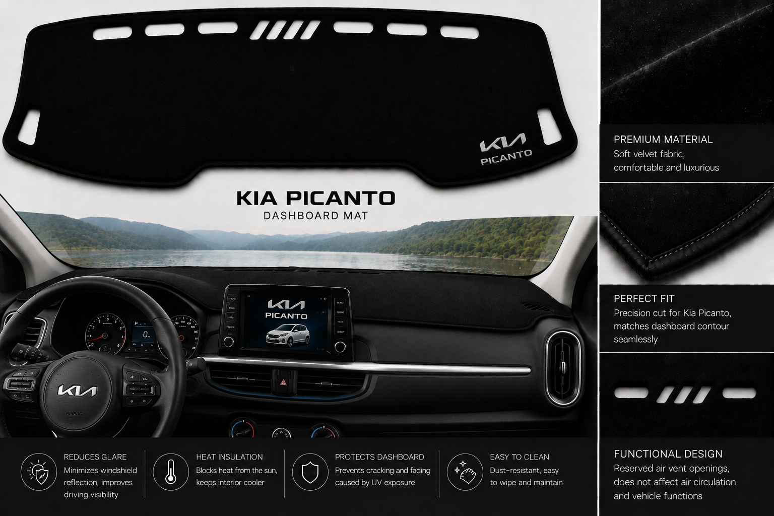 Kia Picanto Dashboard Mat Soft Velvet Fabric Sun Protection Cover