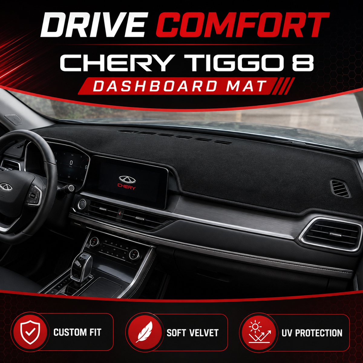 Chery Tiggo 8 dashboard mat with custom fit soft velvet and UV protection features