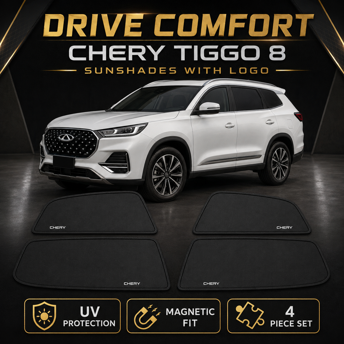 Chery Tiggo 8 sunshades with logo 4 piece magnetic fit UV protection