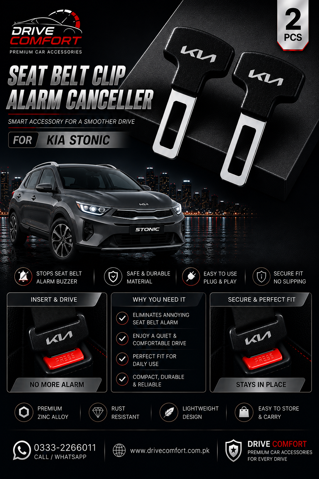 Kia Stonic Seat Belt Clip Alarm Canceller – Metallic 2 Pcs Set