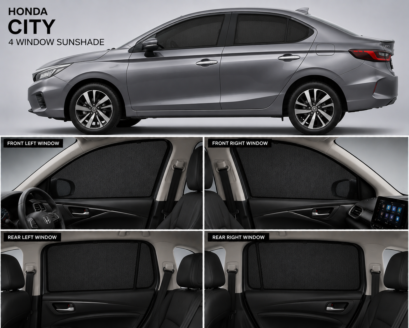 Honda City Car Window Sun Shades Black 4 Piece Set With Logo