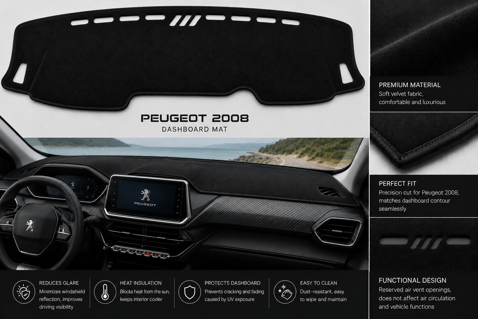 Peugeot 2008 Dashboard Mat Soft Velvet Fabric Sun Protection Cover