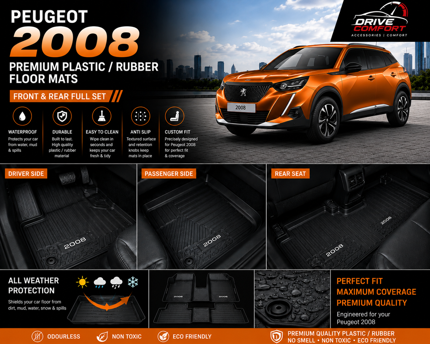 Peugeot 2008 Premium TPE Floor Mats Custom Fit All Weather Car Mats