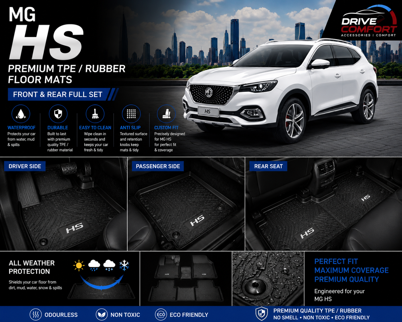 MG HS Premium TPE Floor Mats Custom Fit All Weather Car Mats