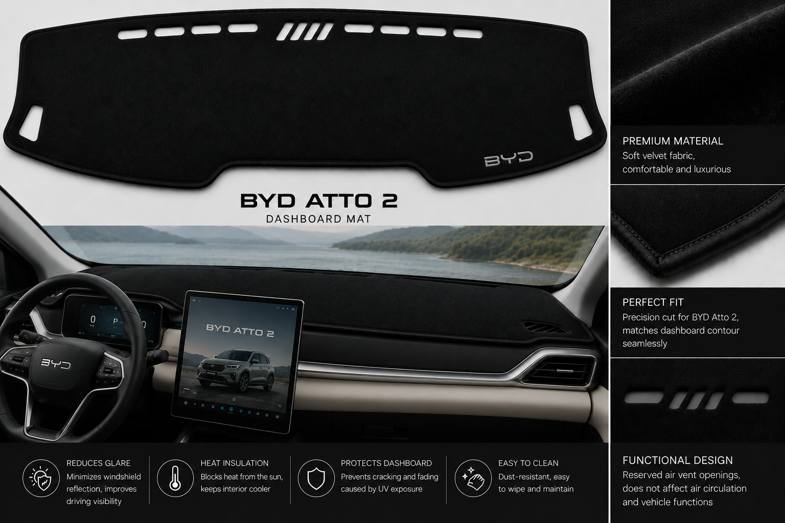 BYD Atto 2 Dashboard Mat Soft Velvet Fabric Sun Protection Cover