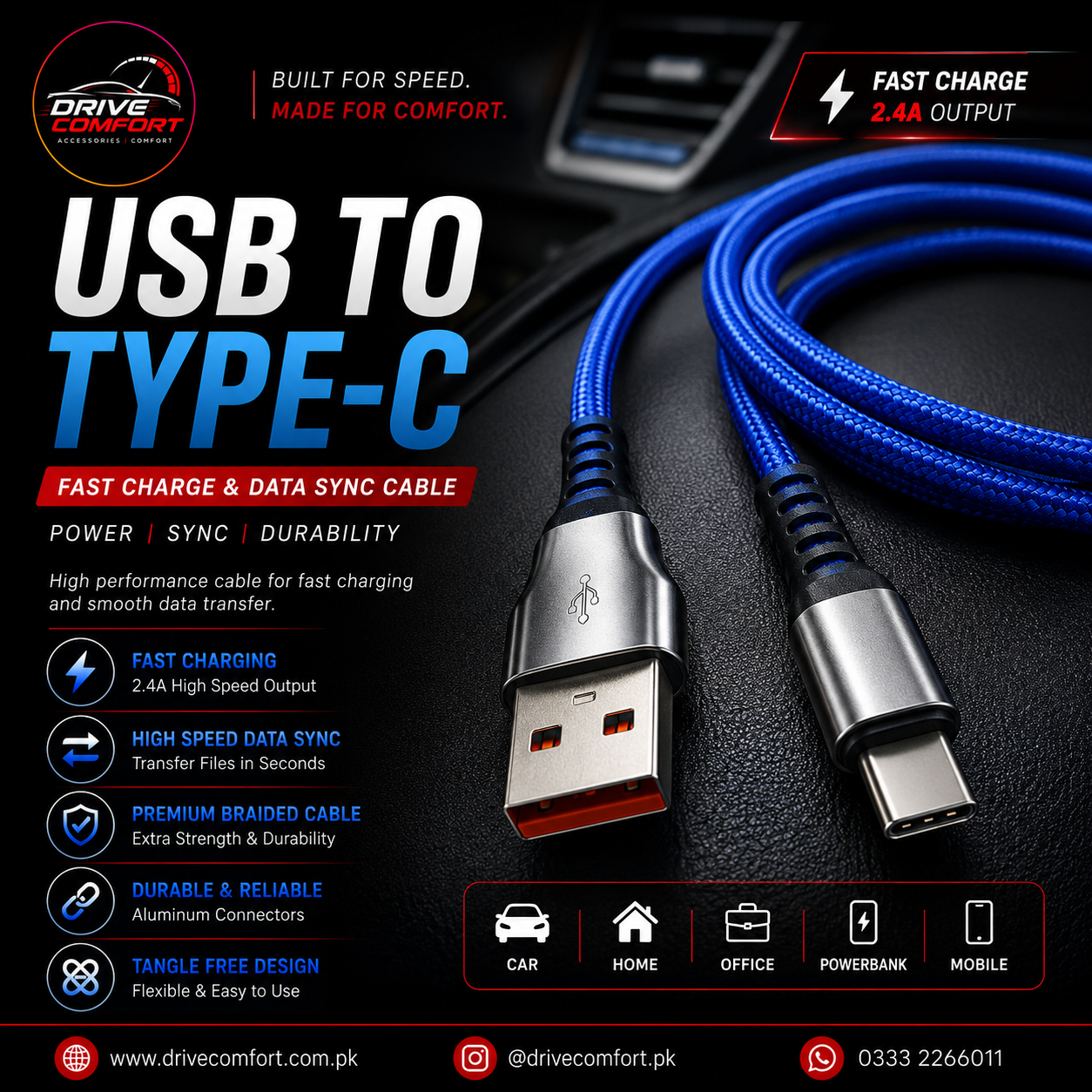 USB to Type-C Cable in Pakistan – 2.4A Fast Charge & Data Sync | Premium Braided | Aluminum Connectors