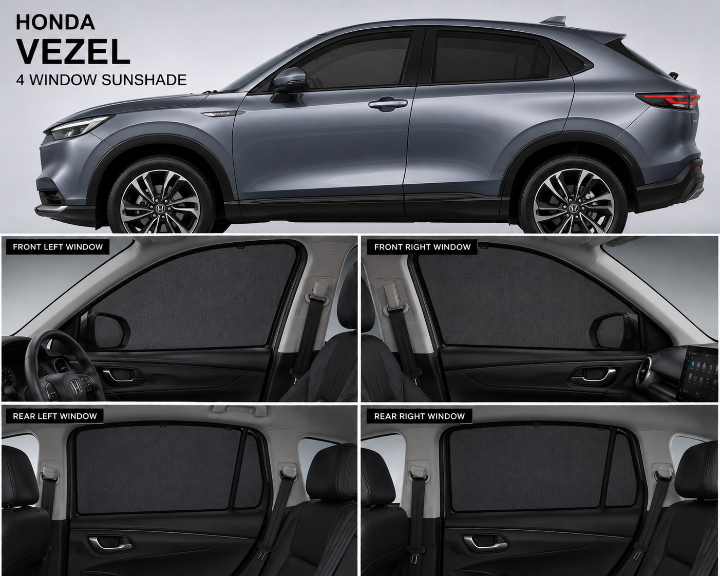 Honda Vezel Car Window Sun Shade Black 4 Piece UV Protection Set Without Logo