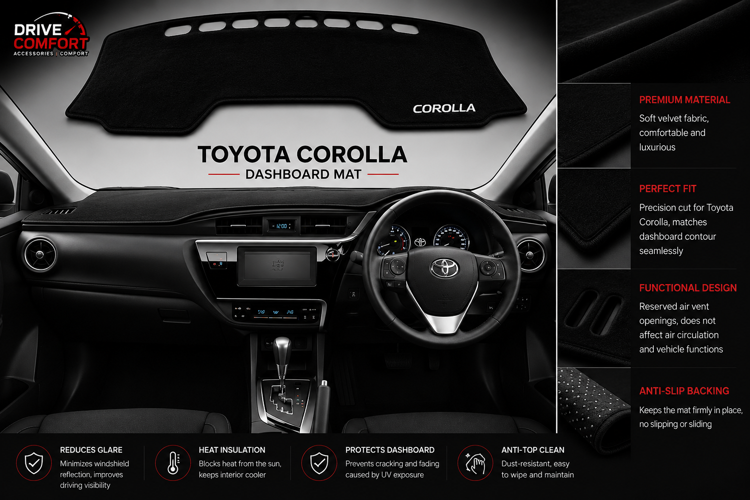 Toyota Corolla Dashboard Mat Soft Velvet Fabric Sun Protection Cover