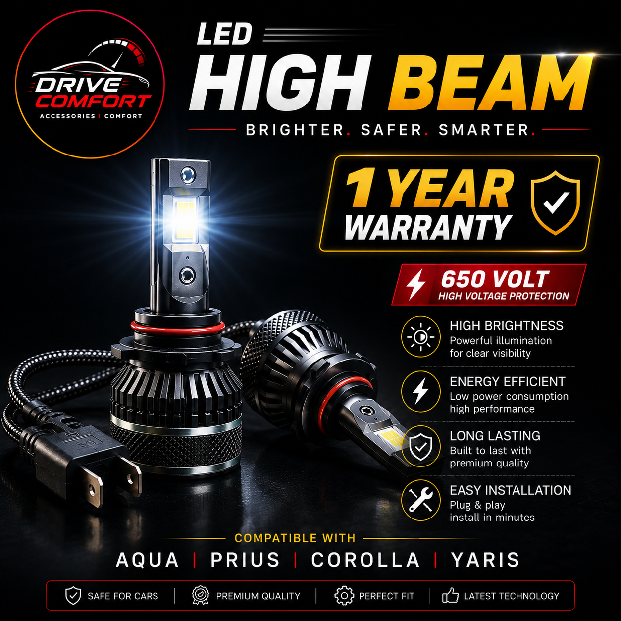 LED Lights High Beam for Toyota Aqua, Prius, Corolla & Yaris Sedan – High Brightness, Energy Efficient | 650V Protection | 1 Year Warranty