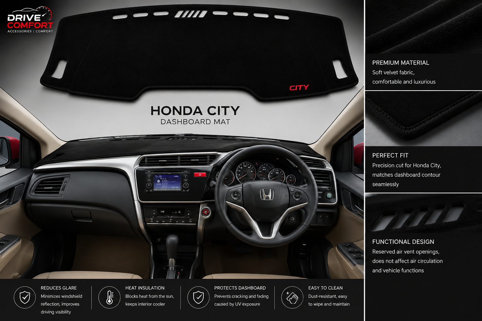 Honda City Dashboard Mat Soft Velvet Fabric Sun Protection Cover