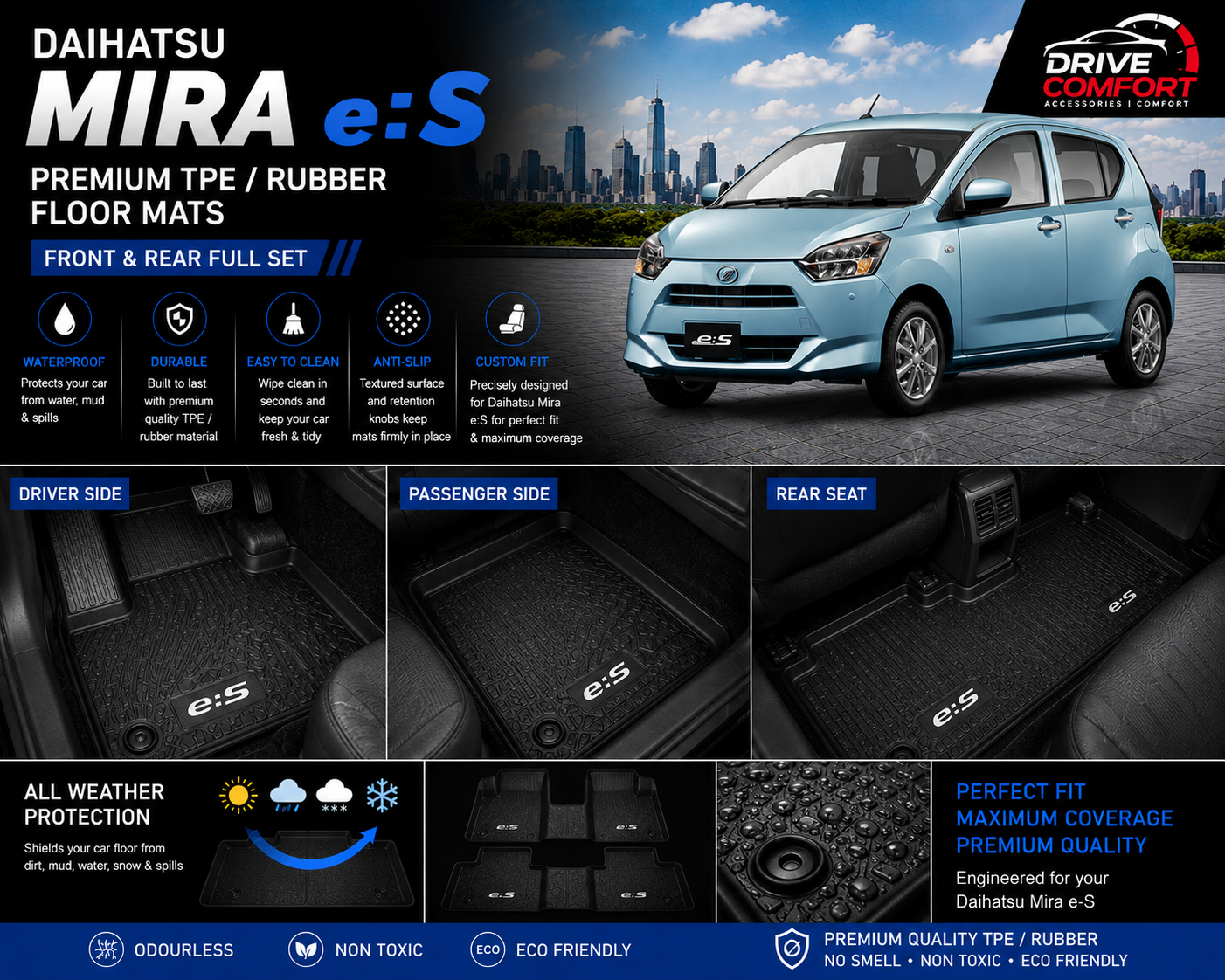 Daihatsu Mira Premium TPE Floor Mats Custom Fit All Weather Car Mats