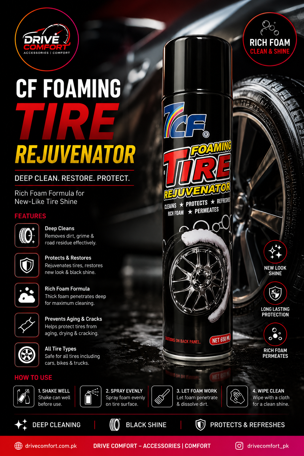 CF Foaming Tire Rejuvenator – Tire Shine & Cleaner Foam Spray