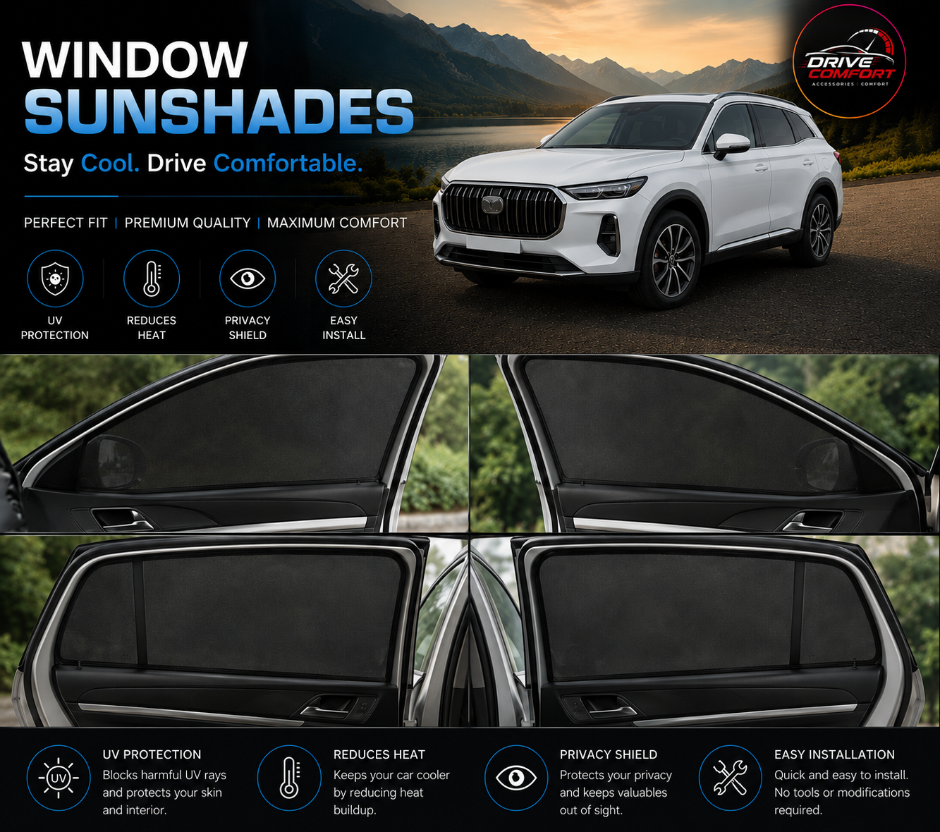 Chery Tiggo 9 Car Window Sun Shades – Black 4 Piece UV Protection Set Without Logo