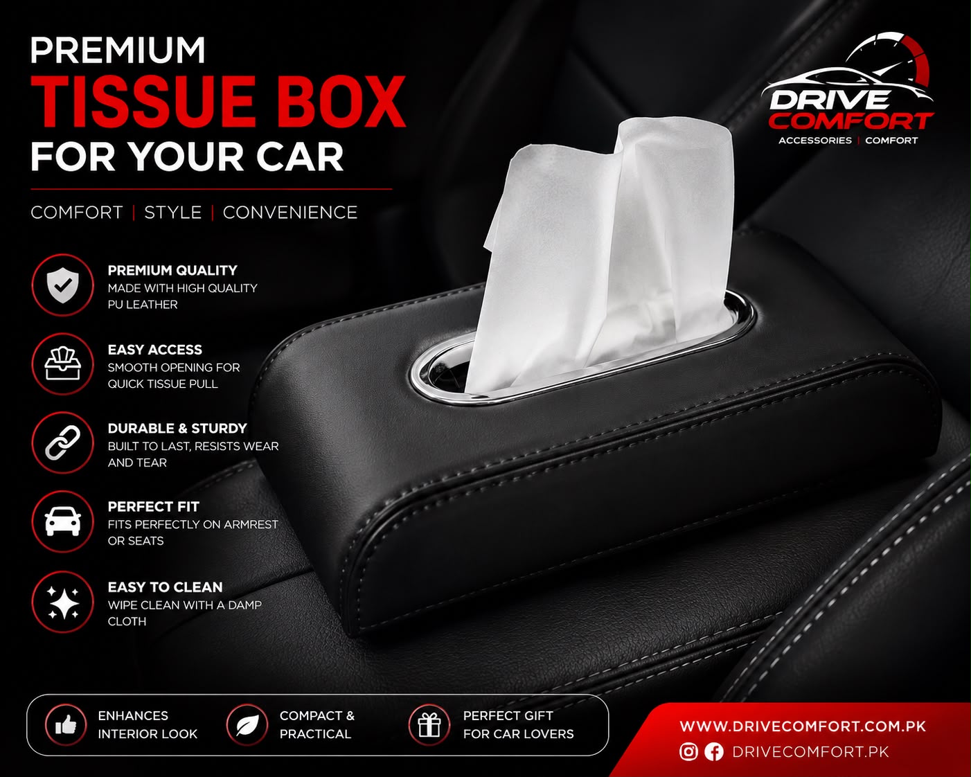 Premium PU Leather Car Tissue Box – Armrest & Seat Fit | Easy Access, Durable & Stylish | Perfect Car Interior Accessory