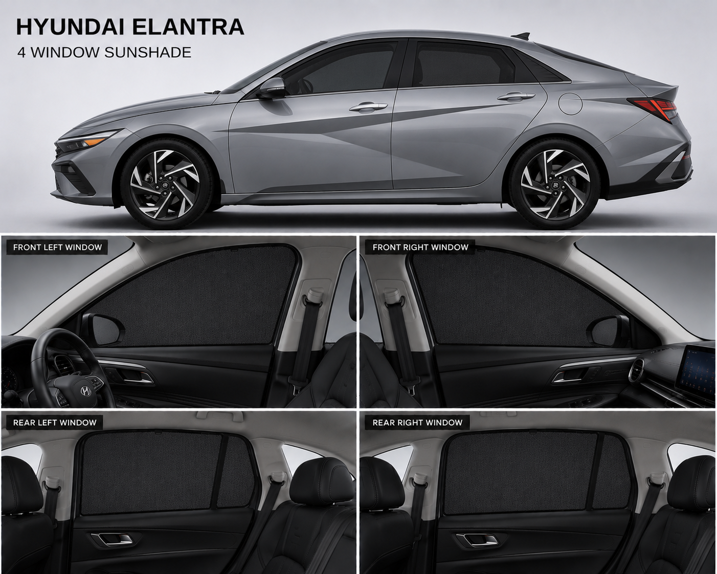 Hyundai Elantra Car Window Sun Shades Black 4 Piece UV Protection Set With Logo