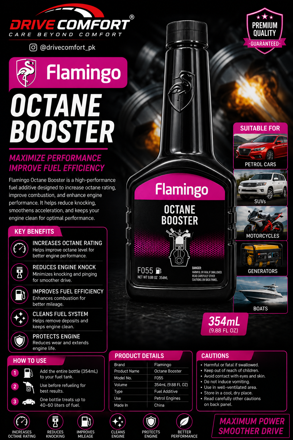Flamingo Octane Booster F055 354ml – Fuel Additive for Enhanced Engine Performance