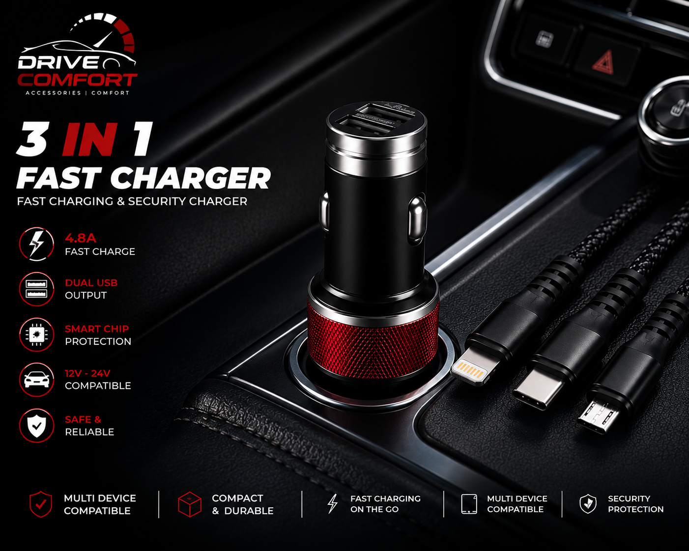 3-in-1 Fast Car Charger with Multi Charging Cable – Dual USB 4.8A