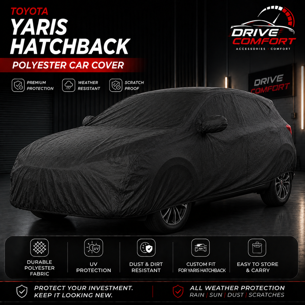 Toyota Yaris Hatchback polyester car top cover with all-weather protection